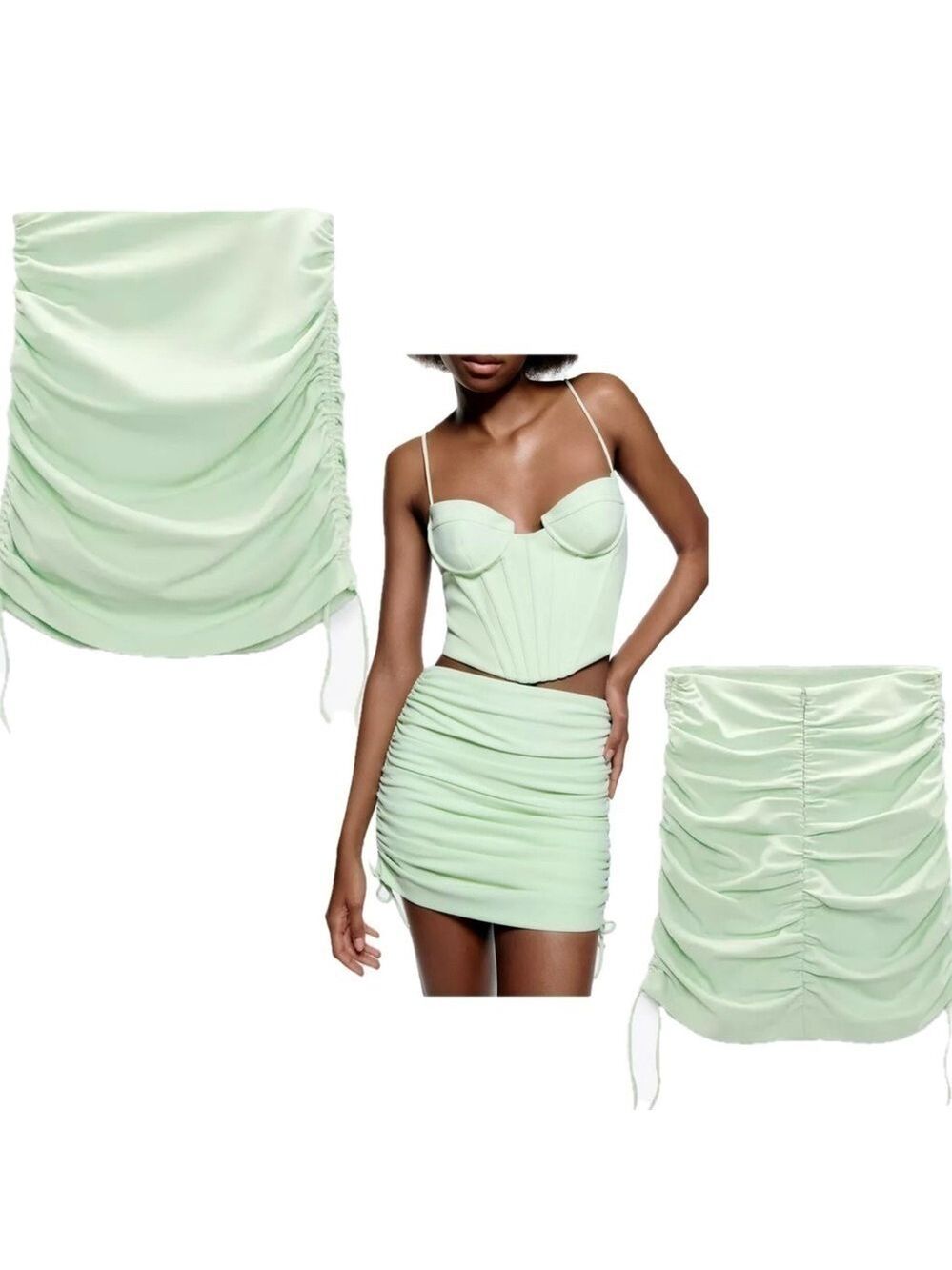 Zara light pastel mint green ruched gathered mini skirt side ties Sz S NWOT